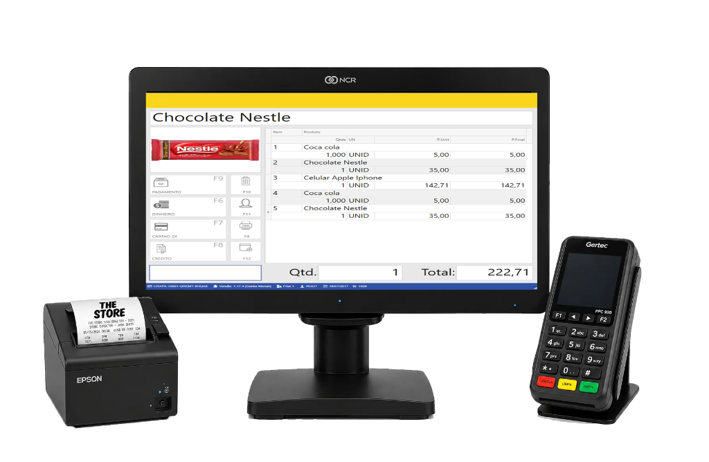 Equipamento de PDV completo com monitor NCR, impressora térmica Epson e terminal de pagamento Gertec